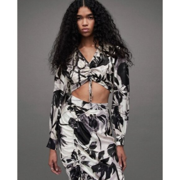 AllSaints Carla Jackie Ruched Crop Top Silk Blend Ecru White & Black SZ 10 NEW - Picture 1 of 6